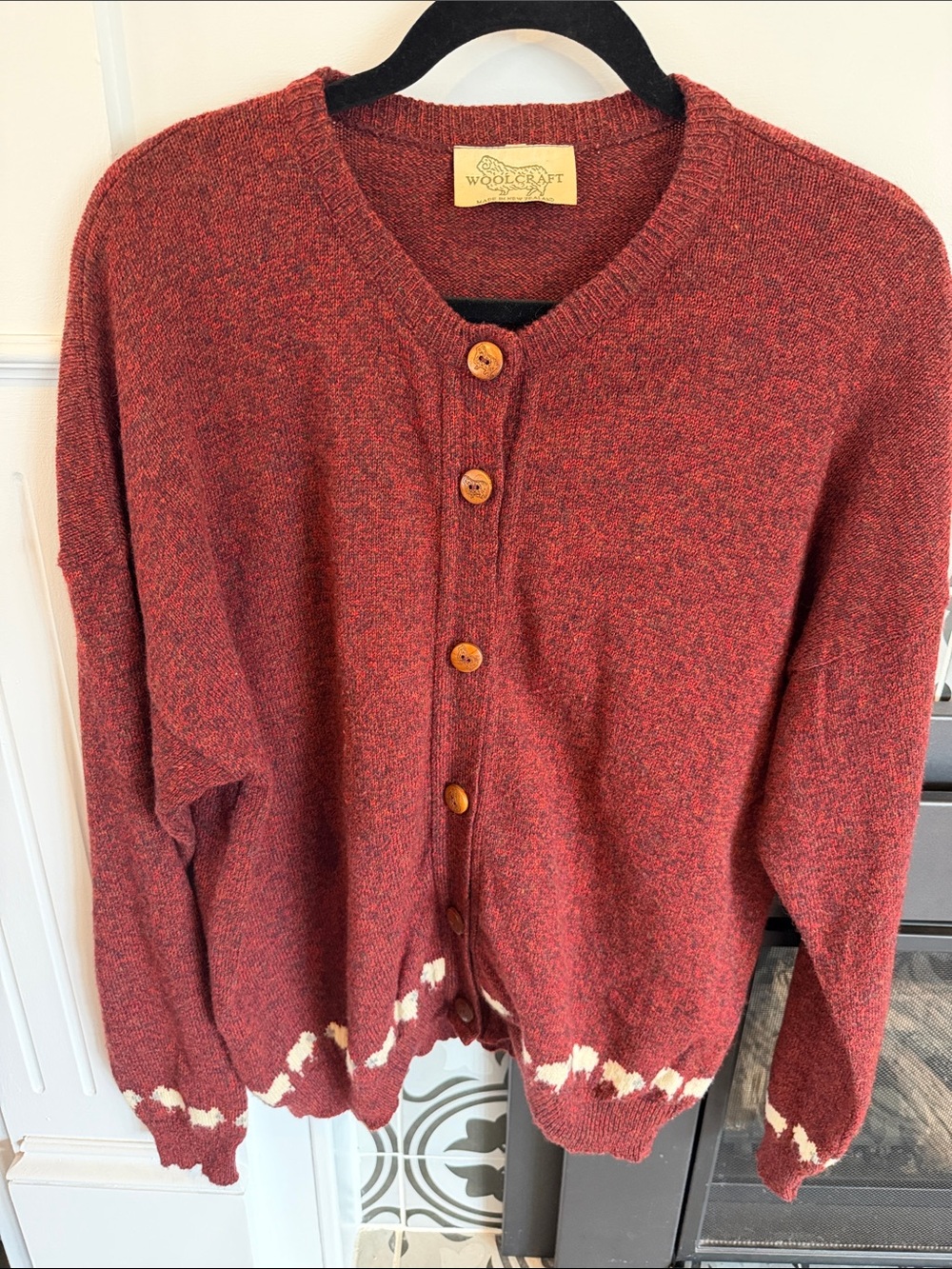 100% Australian Wool! Rust Red Wool Cardigan with Cream sheep Accents